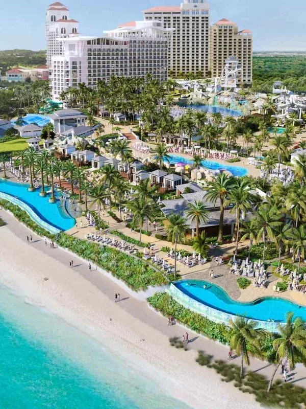 Aerial view of Baha Mar's pools and beachfront on Cable Beach, Nassau