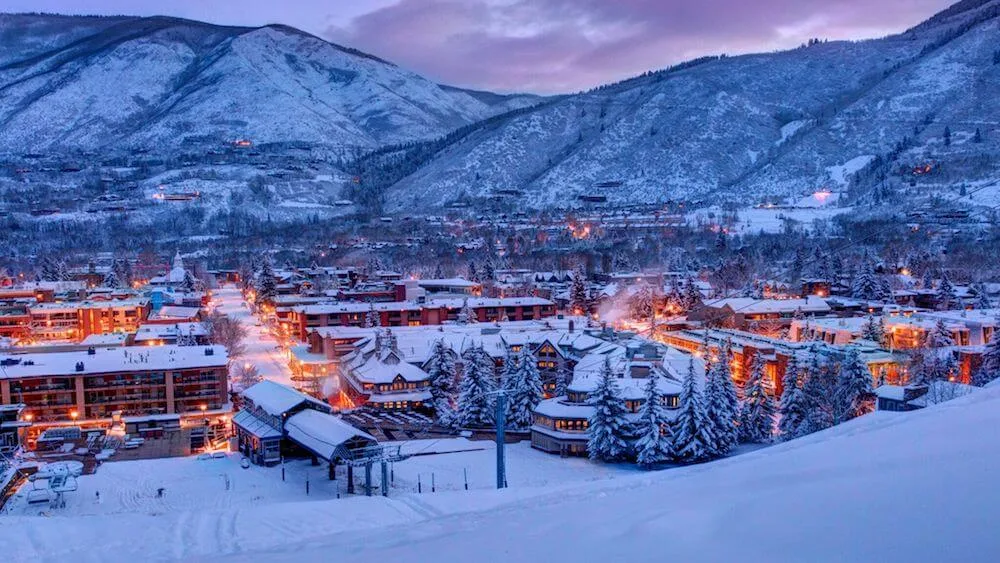 Aspen, Colorado in winter at dusk